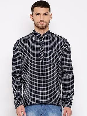 Blue Cotton Blend Graph Check Pattern Short Kurta