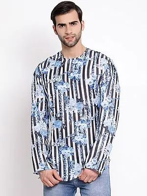 Blue Silk Blend Stripe-Floral Digital Print Short Kurta