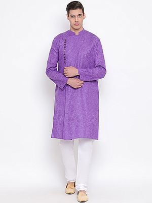 Cotton Blend Angrakha Style Straight Kurta with White Pure Cotton Pajama