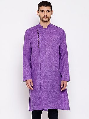 Cotton Blend Angrakha Style Men's Kurta with Metal Buttons