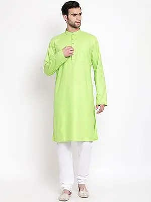 Cotton Blend Green Kurta with White Pure Cotton Pajama