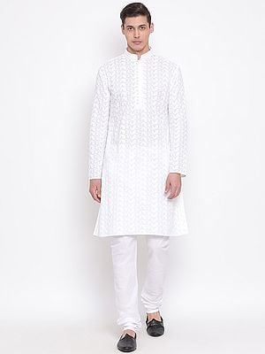 White Pure Cotton Lukhnowi Chikankari Kalka Butta Motif Kurta Pajama Set