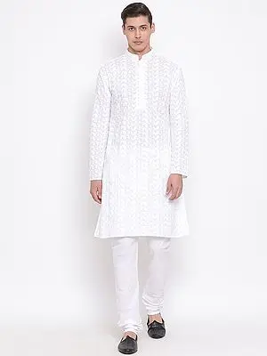 White Pure Cotton Lukhnowi Chikankari Kalka Butta Motif Kurta Pajama Set