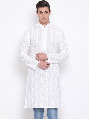 Pure Cotton Lukhnowi Chikankari Mango Butta Pattern White Kurta