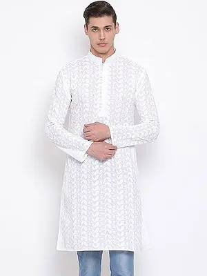 Pure Cotton Lukhnowi Chikankari Mango Butta Pattern White Kurta