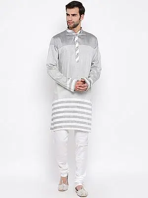 Grey Cotton Blend Horizontal Stripes Pattern Kurta and Silk Blend White Pajama