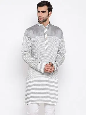 Cotton Blend Horizontal Stripes Pattern Grey Kurta