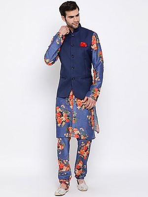 Silk Blend Floral Pattern Digitally Printed Kurta Pajama and Cotton Silk Modi Jacket