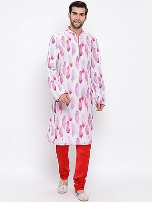 Pink Cotton Blend Feather Digital Print Kurta with Chudidar Red Pajama