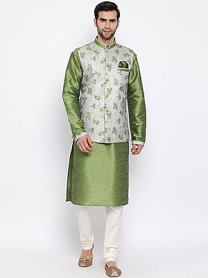 Cotton Silk Green Kurta with Phool Digital Print Modi Jacket and Cotton Silk Blend Cream Pajama