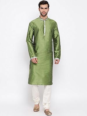 Green Cotton Silk Mandarin Neck Kurta with Cotton Silk Blend Cream Pajama