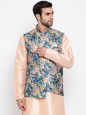 Peach Cotton Silk All-Over Phool Digital Print Modi Jacket