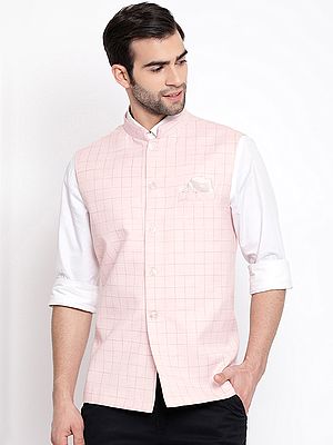Pink Cotton Blend Graph Check Pattern Modi Jacket