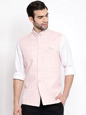 Pink Cotton Blend Graph Check Pattern Modi Jacket