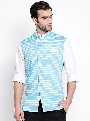 Cotton Blend Angrakha Style Stripes Pattern Modi Jacket
