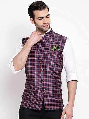 Blue Cotton Blend Angrakha Style Check Pattern Modi Jacket