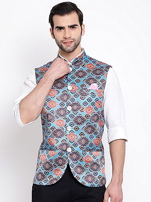 Blue Silk Blend Digital Printed Royal Modi Jacket