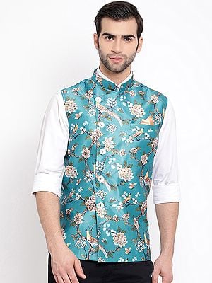 Turquoise Silk Blend Bird-Floral Printed Modi Jacket