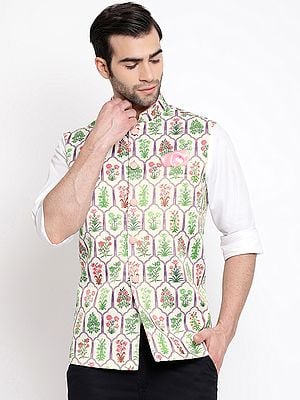 Cream Silk Blend Elongated Hexagon Pattern Modi Jacket