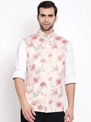 Peach Silk Blend Digital Phool Printed Modi Jacket