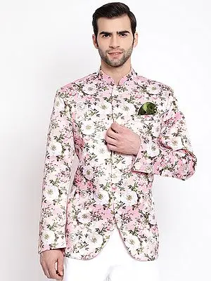 Pink Silk Blend Floral Pattern Digitally Printed Jodhpuri Coat