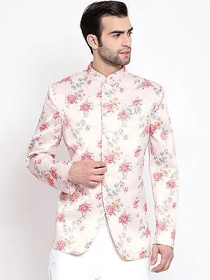 Peach Silk Blend All-Over Digital Floral Print Jodhpuri Coat