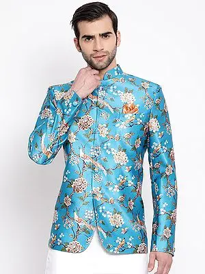 Turquoise Silk Blend Floral-Bird Digital Print Jodhpuri Coat