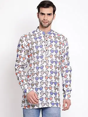 White Silk Blend Glasses Digital Printed Short Kurta
