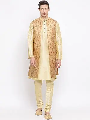 Golden Silk Blend Kurta and Front Open Ethnic Motif Long Peach Jacket with Cotton Blend Pajama