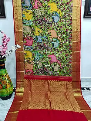 Summer-Green Jungle Scene Painted Kalmakari Kanjivaram Silk Saree with Zari Broad Border