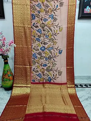 Crystal-Pink Floral Tendrils Painted Kalmakari Kanjivaram Silk Saree with Zari Work on Pallu-Border