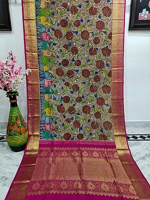 Island-Fossil Kalmakari Deer-Floral Painted Kanjivaram Silk Saree with Paisley Pattern on Broad Zari Border