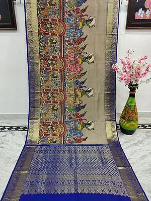 Trench-Coat Kalmakari Kanjivaram Silk Saree with Depiction of Victory in War and Celebration Painted on Body and Zari Repeating Pattern Pallu