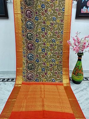 Multicolor Floral Leaf Vine Painted Kalmakari Kanjivaram Silk Saree With Contrast Rich Pallu