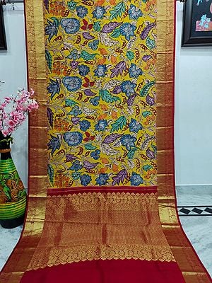 Super-Lemon Kalmakari Kanjivaram Silk Saree with Floral Tendril Vine Painted and Zari Mango Pattern Border