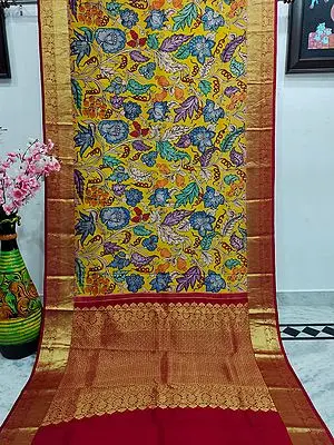 Super-Lemon Kalmakari Kanjivaram Silk Saree with Floral Tendril Vine Painted and Zari Mango Pattern Border