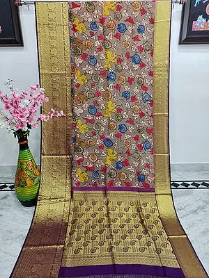 Gull-Gray Kalmakari Kanjivaram Silk Saree with Deer-Floral Painted on the Body and Brocaded Paisley Motif on Pallu