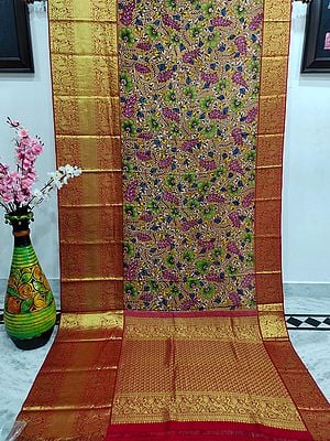 Rose-Dust Multicolor Kalmakari Floral Painted Kanjivaram Silk Saree With Peacock-Vine Pattern On Broad Golden Zari Border