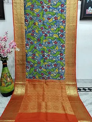 Alaskan-Blue Kalmakari Painted Parrots on Vine Kanjivaram Silk Saree with Broad Golden Zari Border