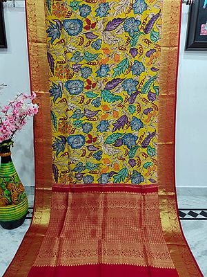 Yellow-Balloon Kalmakari Kanjivaram Silk Saree with All-Over Phool Bail Painted and Contrast Rich Pallu