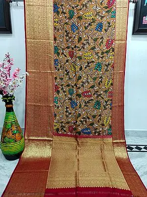 Latte Floral Kalmakari Vine Pattern Painted Kanjivaram Silk Saree with Contrast Broad Border
