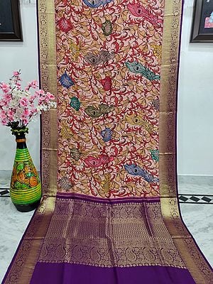 Barely-Pink Peacock Motif Painted Kalmakari Kanjivaram Silk Saree with Ogee-Paisley Pattern on Broad Zari Border
