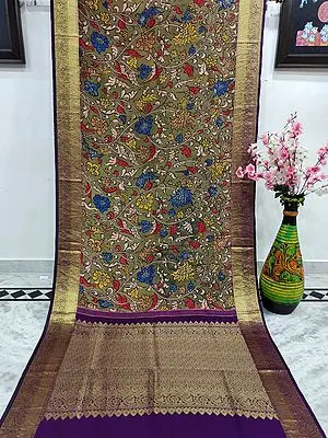 Green-Moss Kalmakari Kanjivaram Silk Saree with Flowers Pattern Painted on Body and Kalka Motif on Pallu-Border