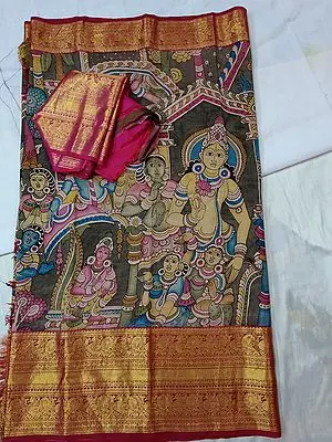 Ivy-Green Kalmakari Kanjivaram Silk Saree with Scene from King's Court on Body and Mor Brocade Pattern on Border