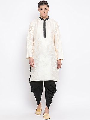 Silk Blend Banarasi Ethnic Gold Kurta with Cotton Blend Black Dhoti
