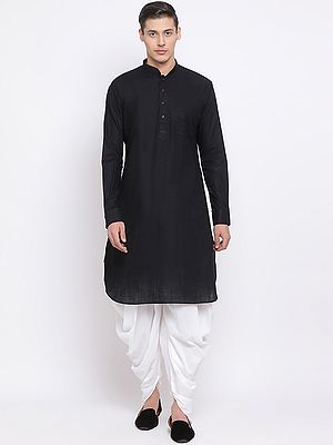 Cotton Linen Traditional Pathani Style Black Kurta with Cotton Blend White Dhoti