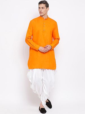 Cotton Blend Pathani Style Mid-Length Curved Kurta with White Dhoti