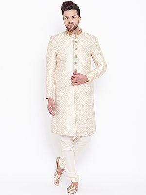 Silk Blend Mughal Jaal Pattern Embroidered Brocade Beige Sherwani with Viscose Churidar Gold Pajama