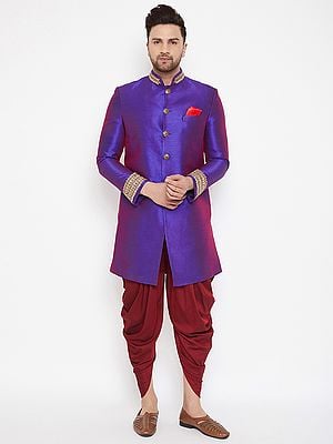 Silk Blend Purple Embroidered Indo-western Sherwani and Maroon Dhoti