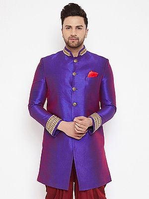 Silk Blend Purple Embroidered Indo-western Sherwani